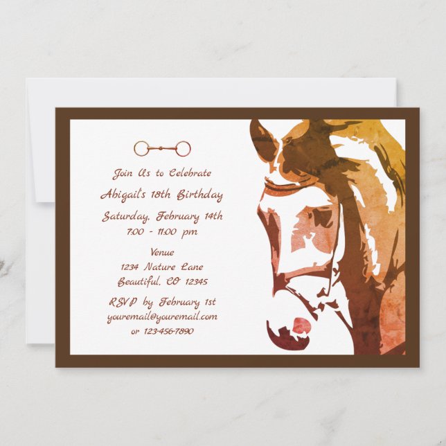 Horse Sketch and Snaffle Bit in Brown Birthday Invitation (Front)