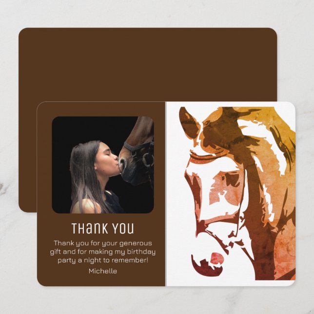 Horse Sketch Modern Brown and White Birthday PHOTO Thank You Card (Front/Back)