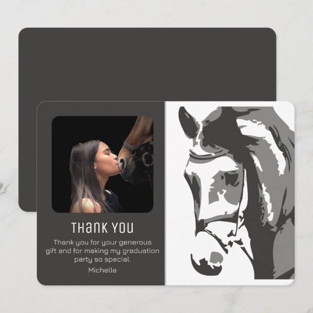 Horse Sketch Modern Grey White Graduation PHOTO Thank You Card (Front/Back)