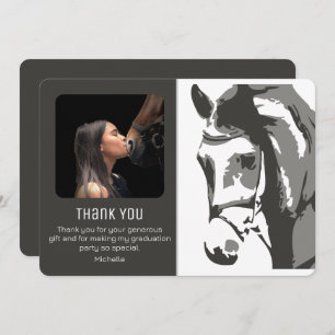 Horse Sketch Modern Grey White Graduation PHOTO Thank You Card