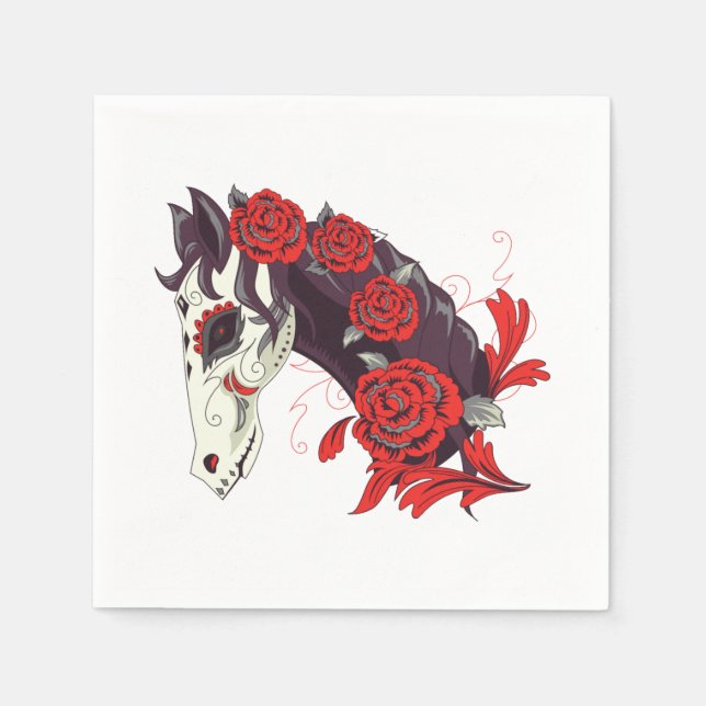 Horse Skull with Red Roses Dias de los Muertos Napkin (Front)