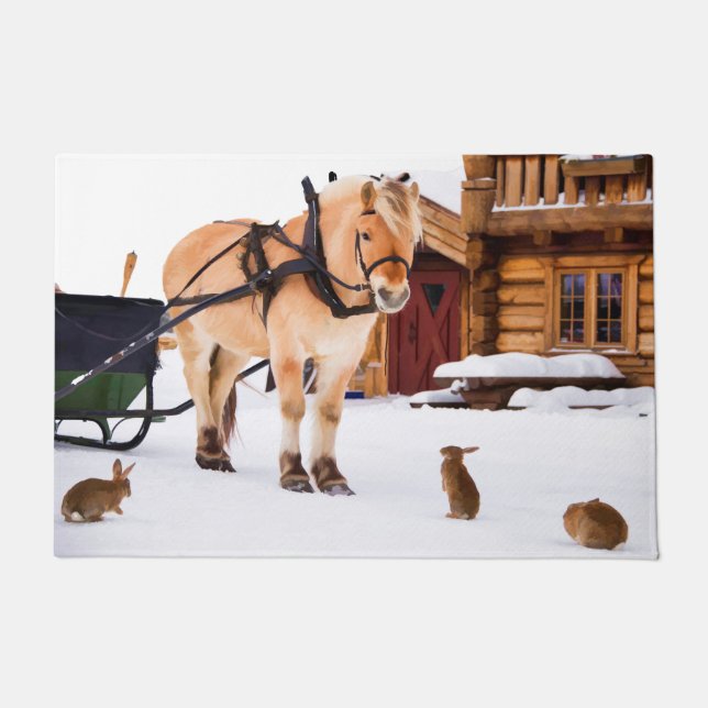 Horse sleigh rabbits country farm snow winter doormat (Front)