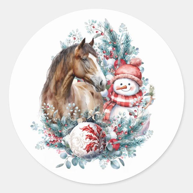 Horse snowman Christmas watercolor elegant Classic Round Sticker (Front)