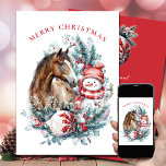 Horse snowman Christmas watercolor elegant Holiday Card<br><div class="desc">Horse and snowman personalised Christmas design with elegant Christmas wreath and beautiful white and red ornament for horse lovers.</div>