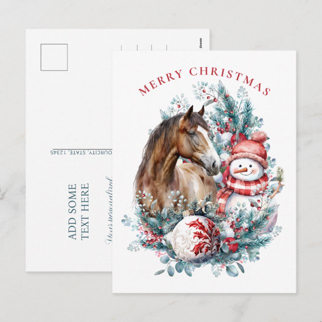 Horse snowman Christmas watercolor elegant Holiday Postcard (Front/Back)
