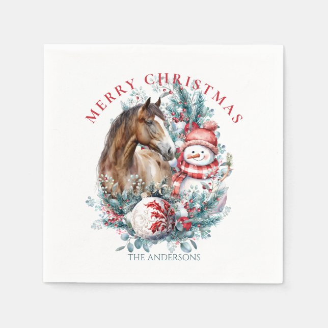 Horse snowman Christmas watercolor elegant Napkin (Front)