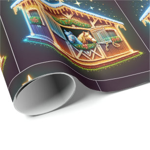 Horse Stable Decorated For Christmas And Horses Wrapping Paper