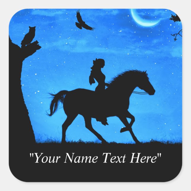 Horse Sticker with Girl Riding and Owl Whimsical (Front)