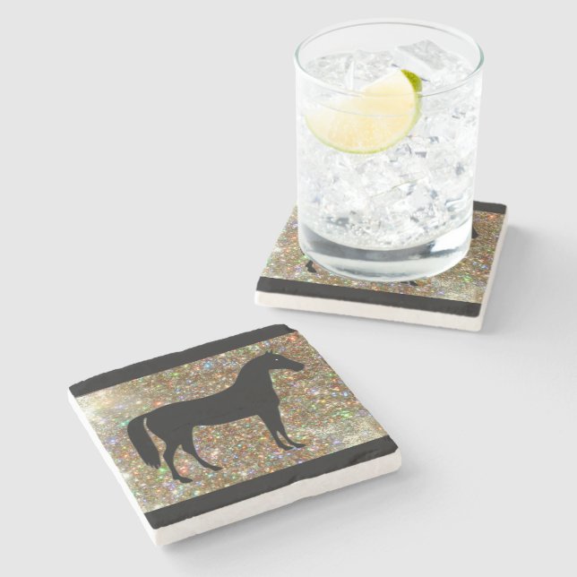 Horse Stone Coaster Black & Gold Sparkle (Side)