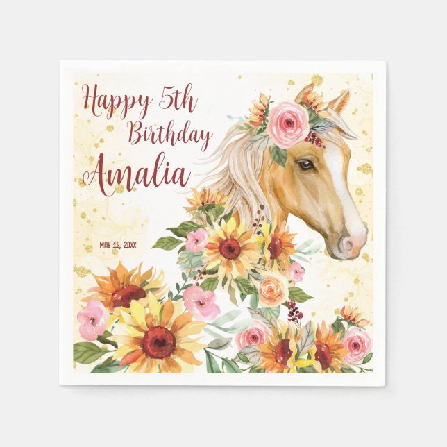 Horse sunflowers birthday party personalised napkin (Front)