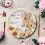 Horse sunflowers birthday party personalised paper plate<br><div class="desc">Palomino horse with sunflowers and pink flowers floral girls birthday party personalised birthday paper plates template. Beautiful watercolor horse portrait,  nice for horse loving people.</div>