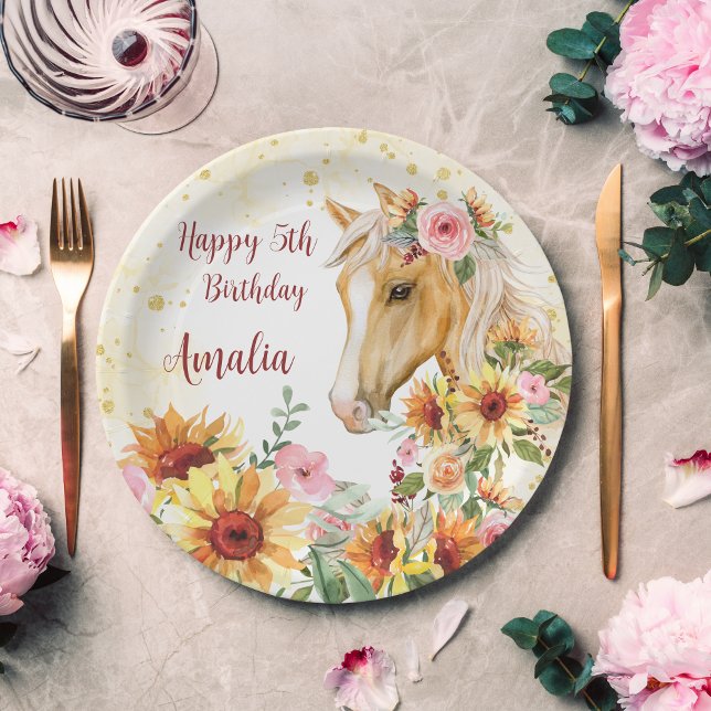 Horse sunflowers birthday party personalised paper plate (Creator Uploaded)
