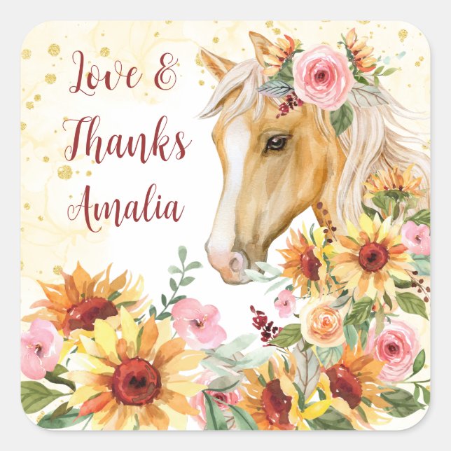 Horse sunflowers birthday party personalised square sticker (Front)