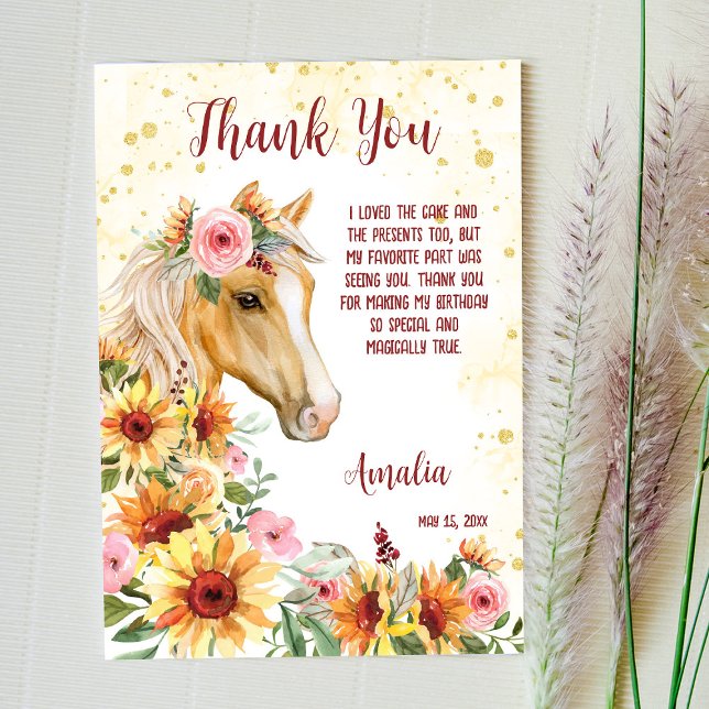 Horse sunflowers cowgirl birthday thank you card (Creator Uploaded)