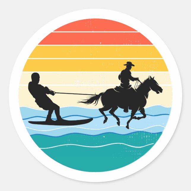 Horse Surfing Wakeboarding Water Skiing Retro Classic Round Sticker (Front)