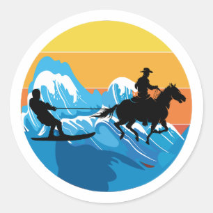 Horse Surfing Wakeboarding Water Skiing Retro Classic Round Sticker