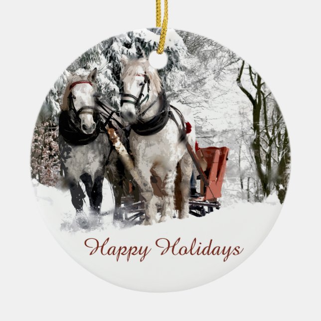 Horse Team Sleigh Ride Through Snowy Woods Ceramic Tree Decoration (Front)