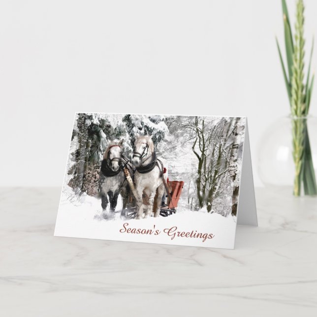 Horse Team Sleigh Ride Through Snowy Woods Holiday Card (Front)