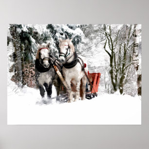 Horse Team Sleigh Ride Through Snowy Woods Poster