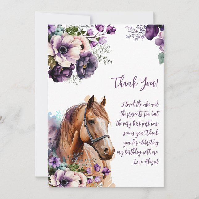 Horse Thank You Purple Flowers Card (Front)