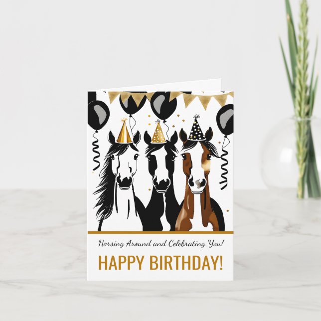 Horse themed birthday party funny elegant card (Front)