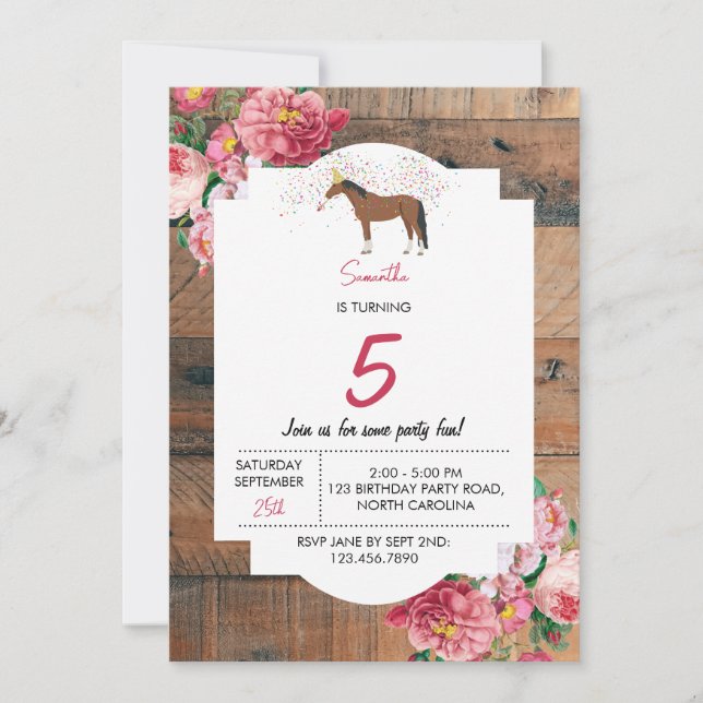 Horse Themed Birthday Party Rustic Wood Floral Invitation (Front)