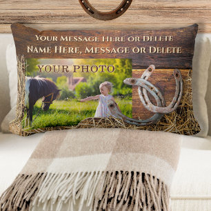 Horse Throw Pillow, Rustic Personalised, Horseshoe Lumbar Cushion