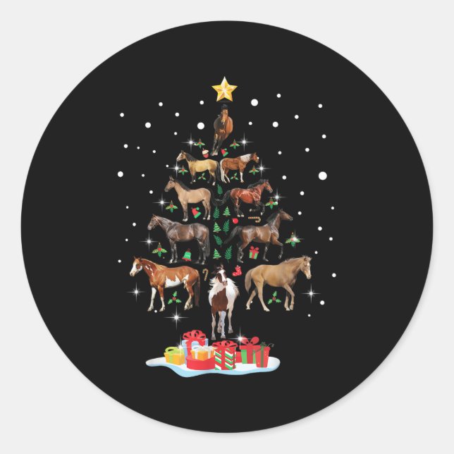 Horse Tree Christmas Horses Xmas For Women Girls  Classic Round Sticker (Front)