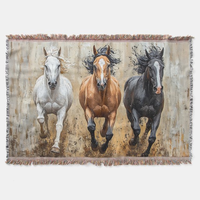 Horse Trio Galloping Painting Throw Blanket (Front)