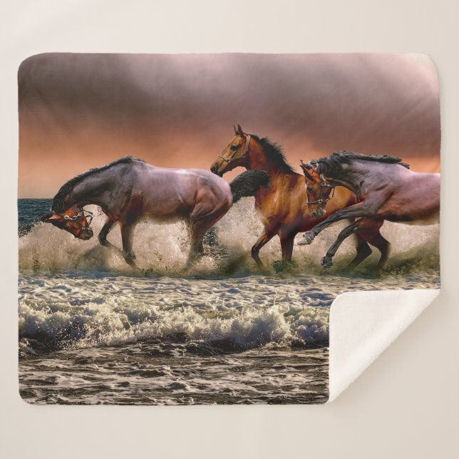 Horse Trio Running In Ocean Surf at Sunset Sherpa Blanket (Front (Horizontal))