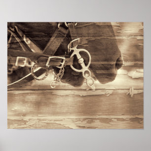 Horse Vintage Western Sepia Rustic Country Wood Poster