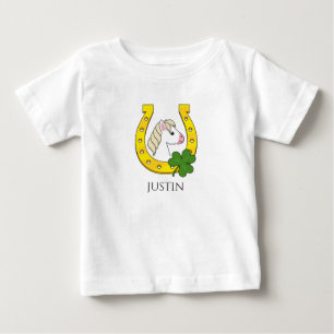 Horse w Golden Horse Shoe, Shamrock Personalise Baby T-Shirt