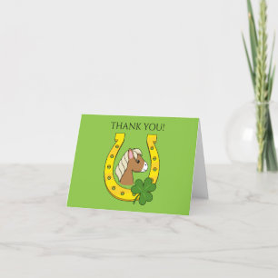 Horse w Golden Horse Shoe, Shamrock   Personalise Thank You Card