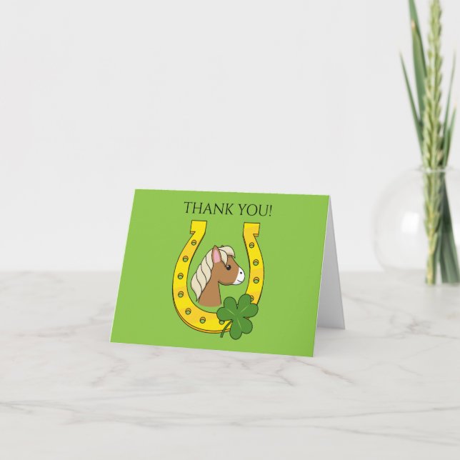 Horse w Golden Horse Shoe, Shamrock | Personalise Thank You Card (Front)