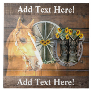 Horse Wagon Wheel Cowboy Boots Barn Wood Tile