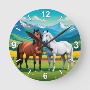 Horse Wall Clock – White and Brown Horses Nature H
