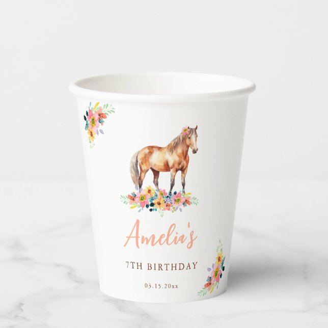 Horse Watercolor Birthday Party Pony Paper Cups (Front)