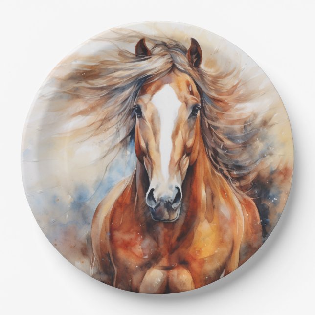 Horse Watercolor Brown and white Paper Plate (Front)
