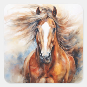 Horse Watercolor Brown and white Square Sticker