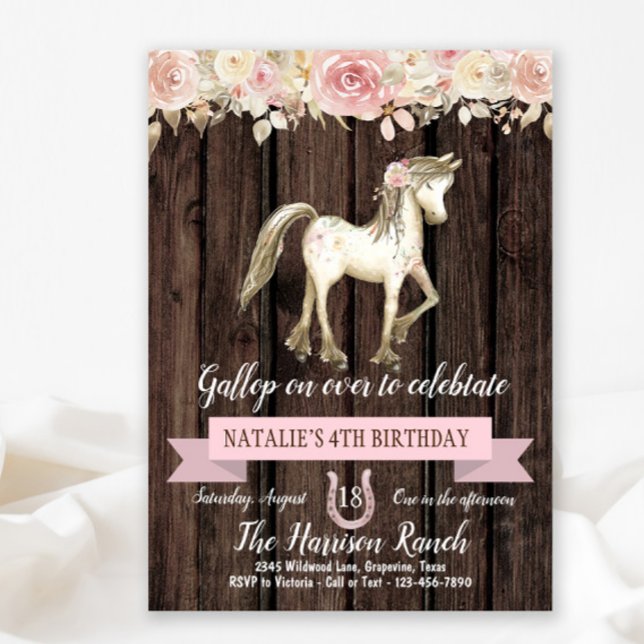 Horse Watercolor Flower Girl Pony Birthday Party Invitation (Cute pony any number birthday party invitation.)