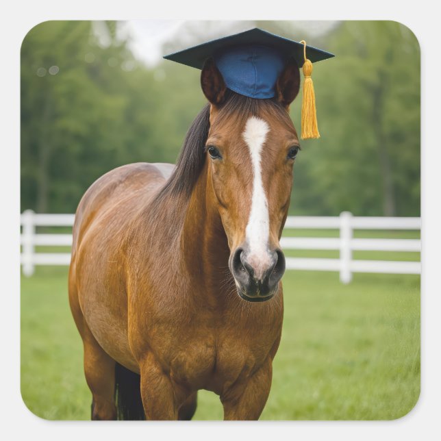 Horse Wearing a Navy Blue Graduation Cap Square Sticker (Front)