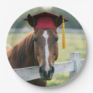 Horse Wearing a Red Graduation Cap Paper Plate