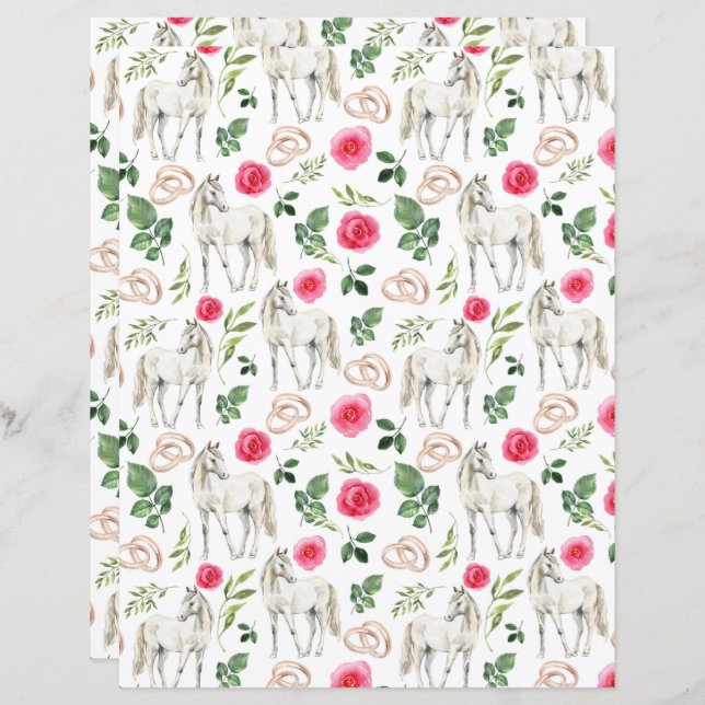 Horse Wedding Scrapbook Paper in White (Front/Back)