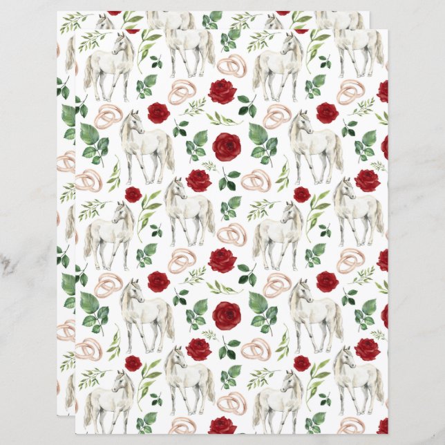 Horse Wedding Scrapbook Paper in White (Front/Back)