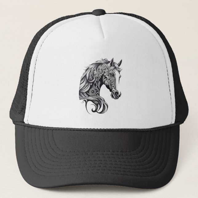 Horse Wild Animal Nature Illustration Art Tattoo Trucker Hat (Front)