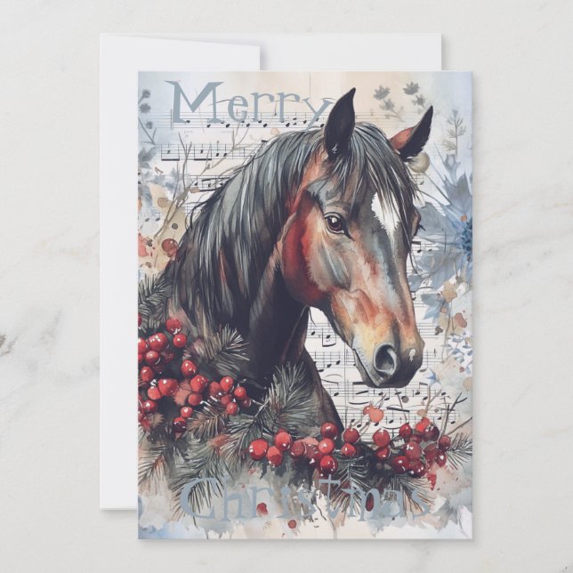 Horse Winter Christmas Watercolor Holiday Card (Front)
