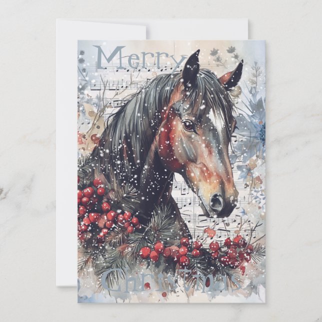 Horse Winter Christmas Watercolor Holiday Card (Front)
