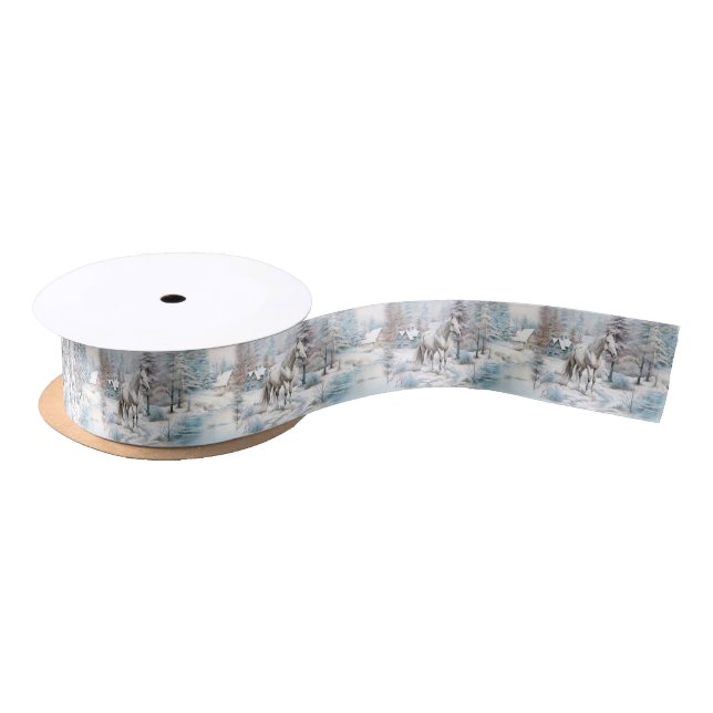 Horse winter pattern snowy forest scenery satin ribbon (Spool)