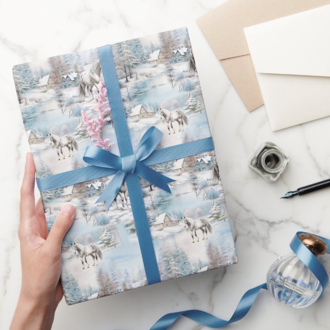 Horse winter pattern snowy forest scenery wrapping paper (Gifting)