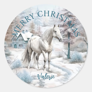 Horse winter scene snow forest Christmas Classic Round Sticker